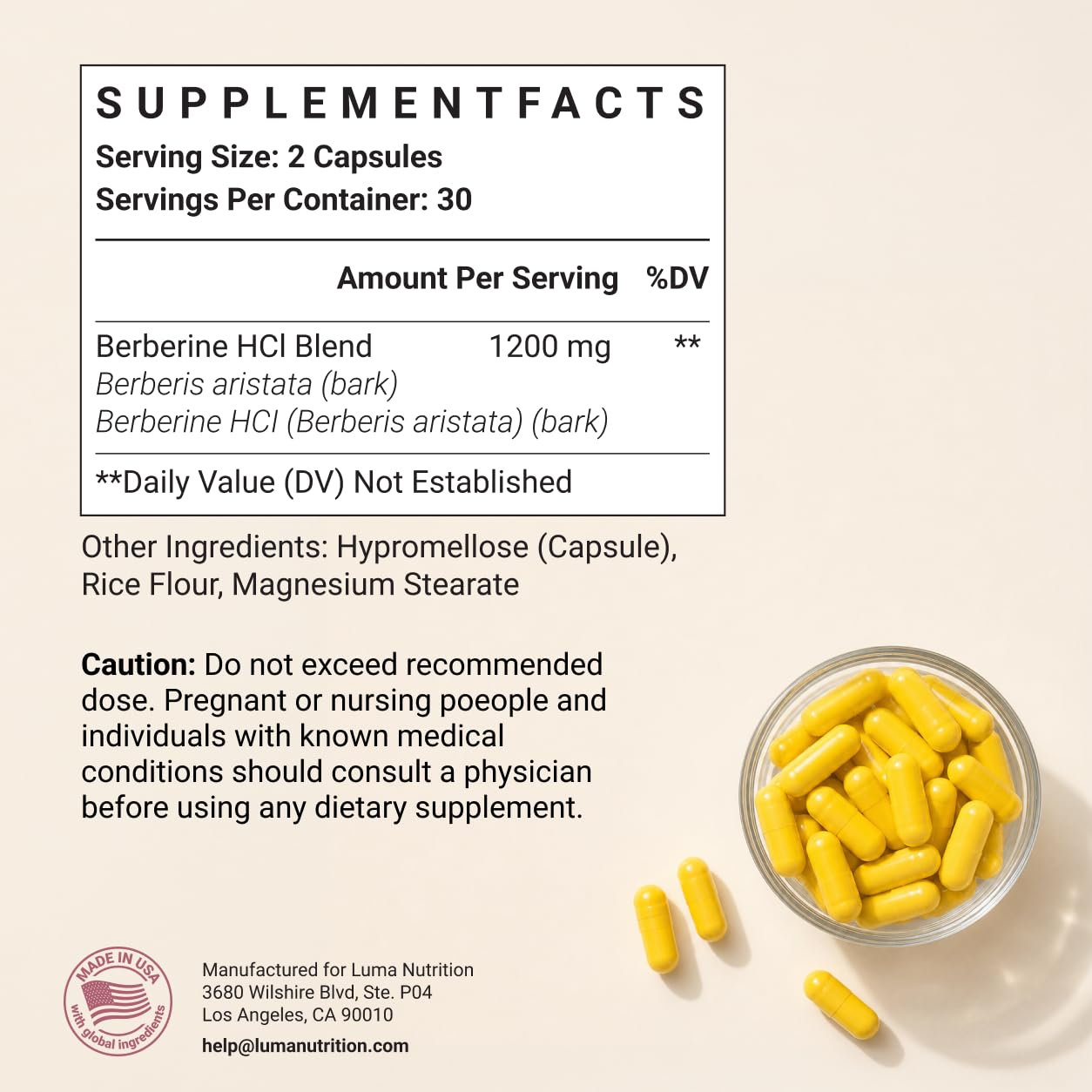 Luma Nutrition Berberine HCL 1200mg Per Serving, 97% Berberine HCl, 60 Capsules