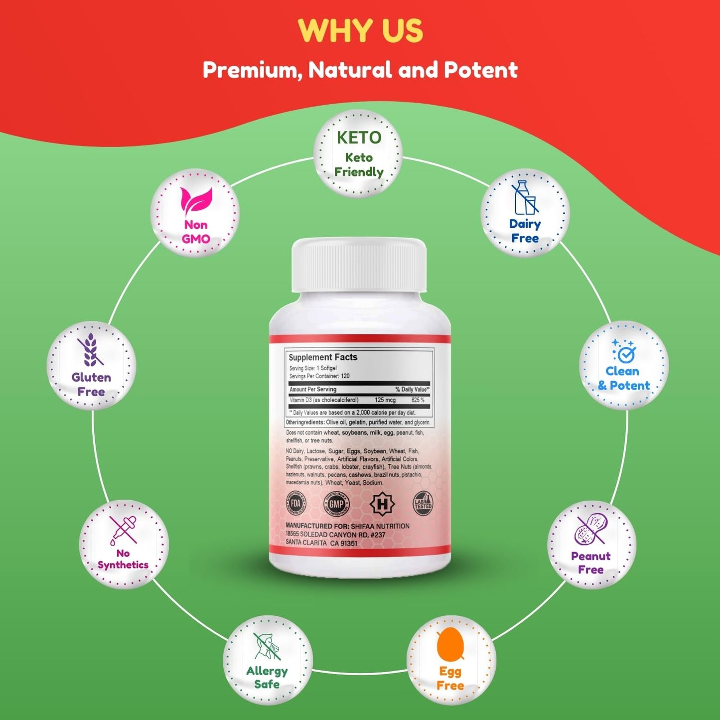 SHIFAA NUTRITION Halal Vitamin D3 Softgels 120 count