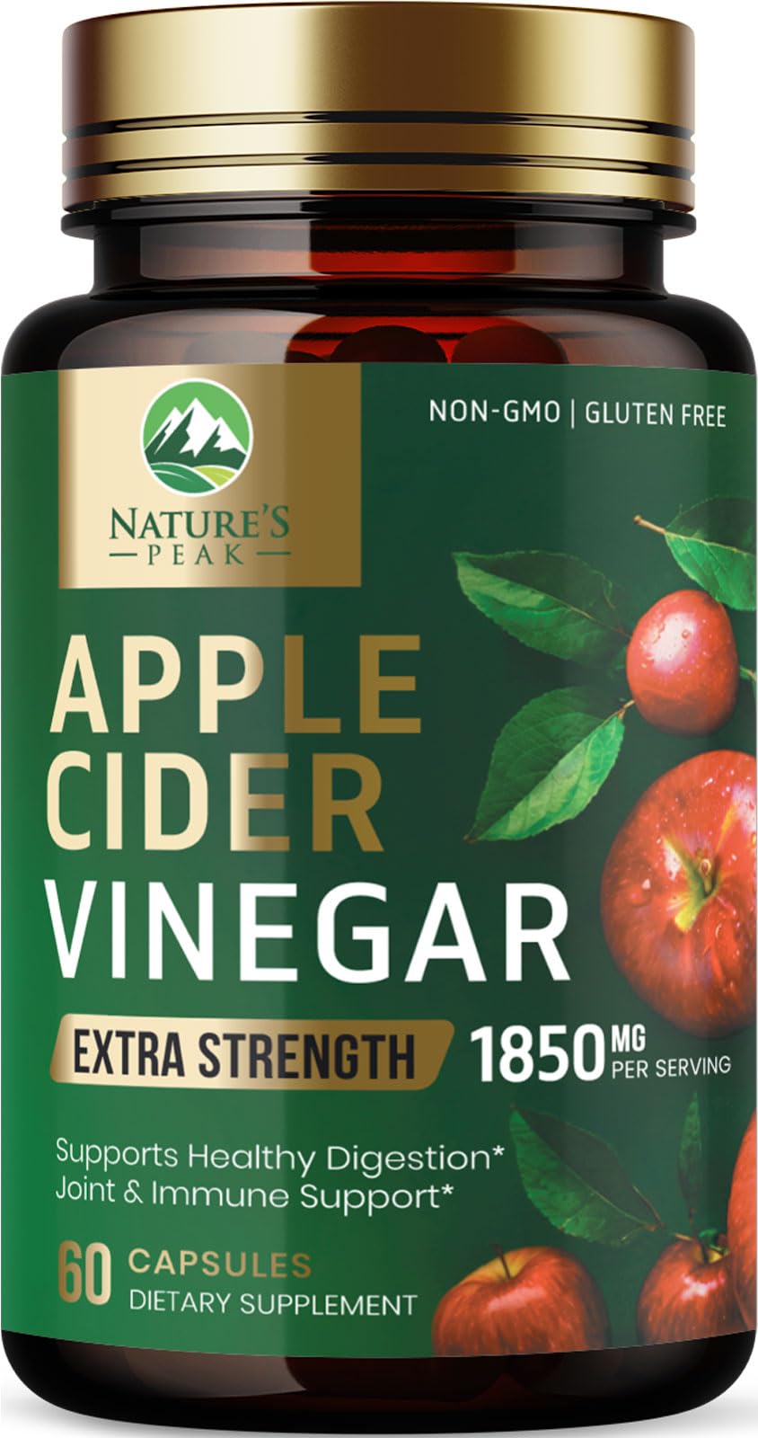 Nature's Peak Apple Cider Vinegar 1877mg Per Serving ACV Supplement Capsules, 60 Capsules