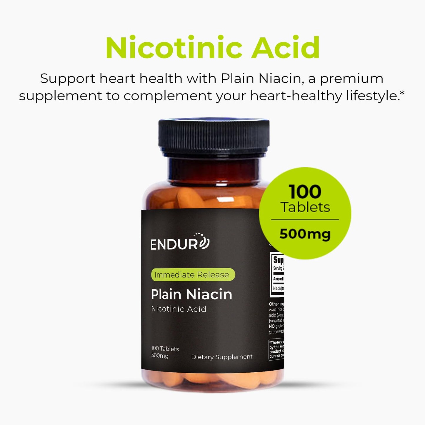 Endurance Products Endur Plain Niacin (Nicotinic Acid) 500mg Tablets, 100 Tablets