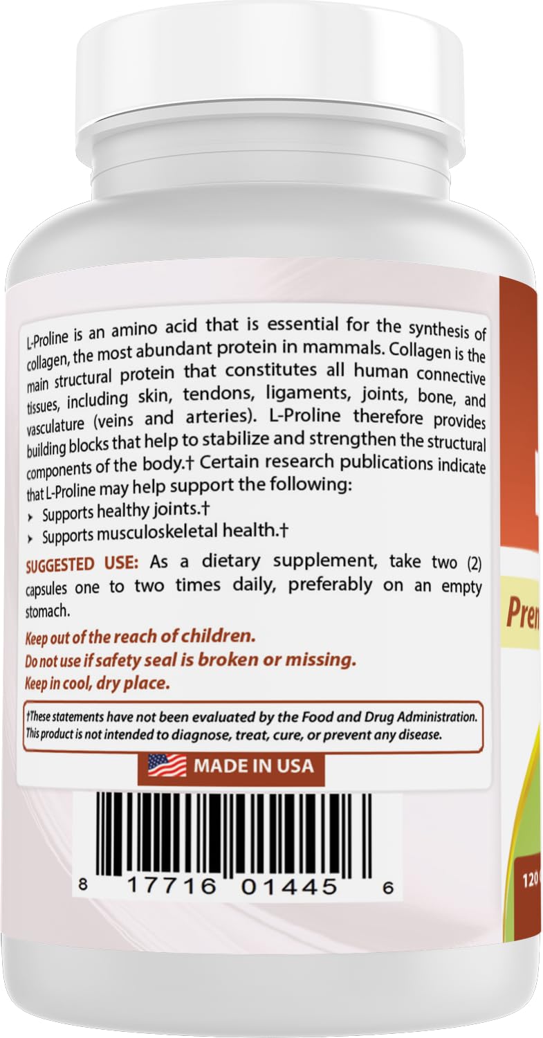 Best Naturals L-proline Amino Acid Dietary Supplement 500 Mg Capsule, 120 Count