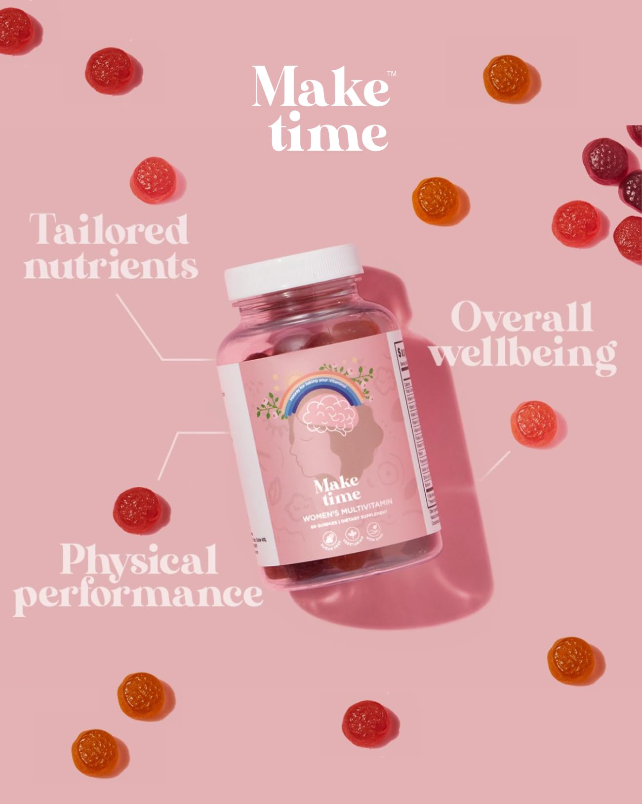 MAKE TIME Sugar-Free Women’s Multivitamin Gummies Daily Support with Vitamin A, C, D3, E, B6, B12, Folate, Biotin, Iodine & Zinc, 60 Gummies