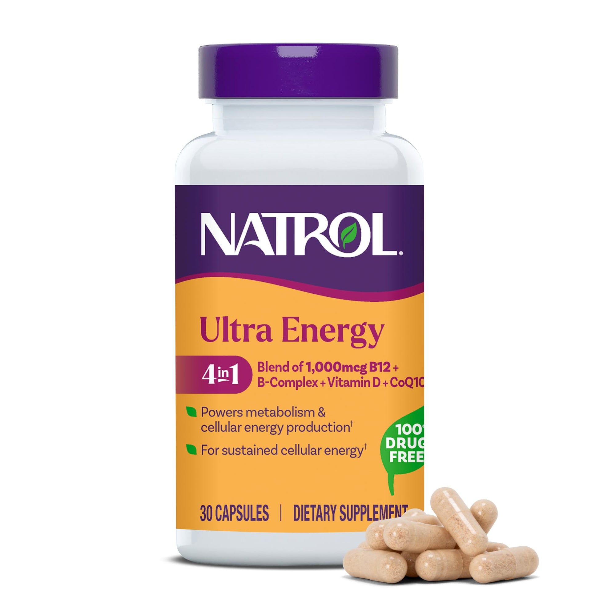 Natrol Ultra Energy 4-in-1 Blend 1000mcg B12, Vitamin B Complex, Vitamin D, CoQ10 Capsules, 30 Ct
