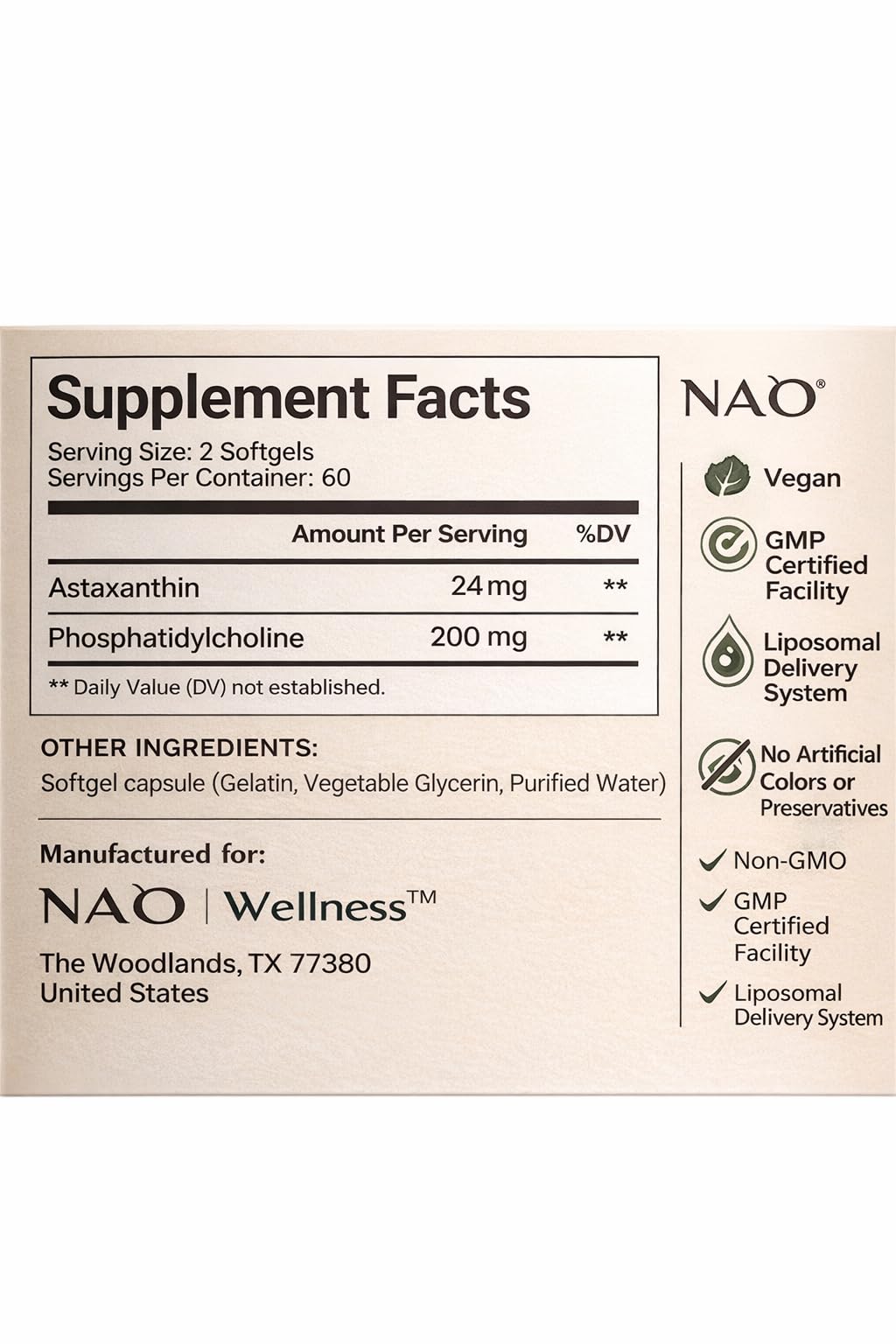 NAO Liposomal Astaxanthin 24mg Supplement 120 Softgels