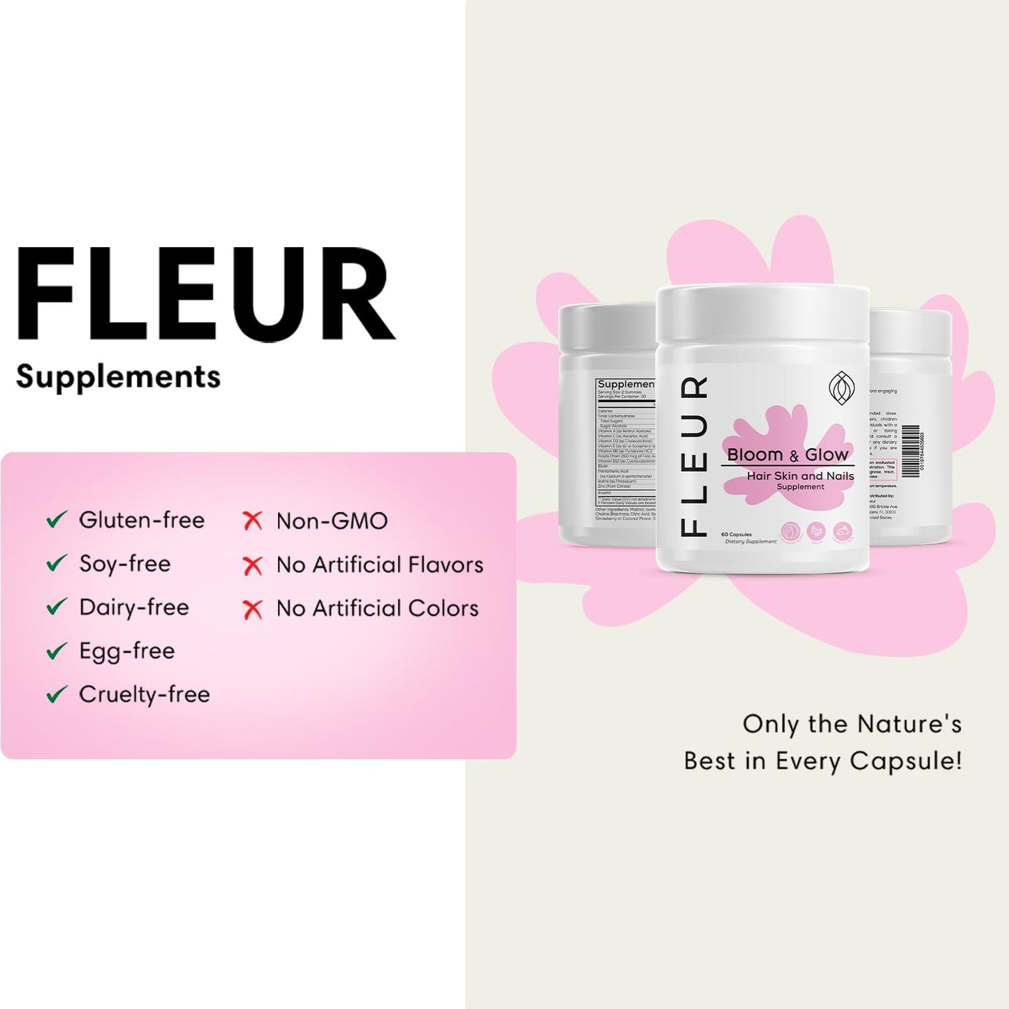 FLEUR Bloom & Glow Hair Skin and Nails Gummies, 60 Count
