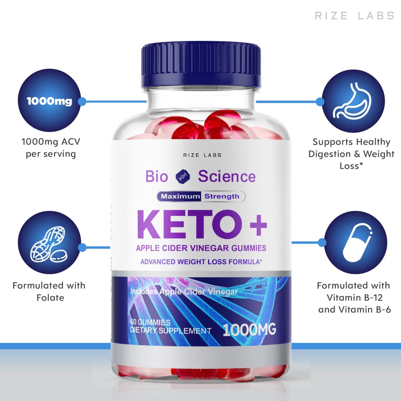 Rize Labs Bio Science Keto Plus Gummies for Weight Loss, Extra Strength, Apple Cider Vinegar, 60 Gummies
