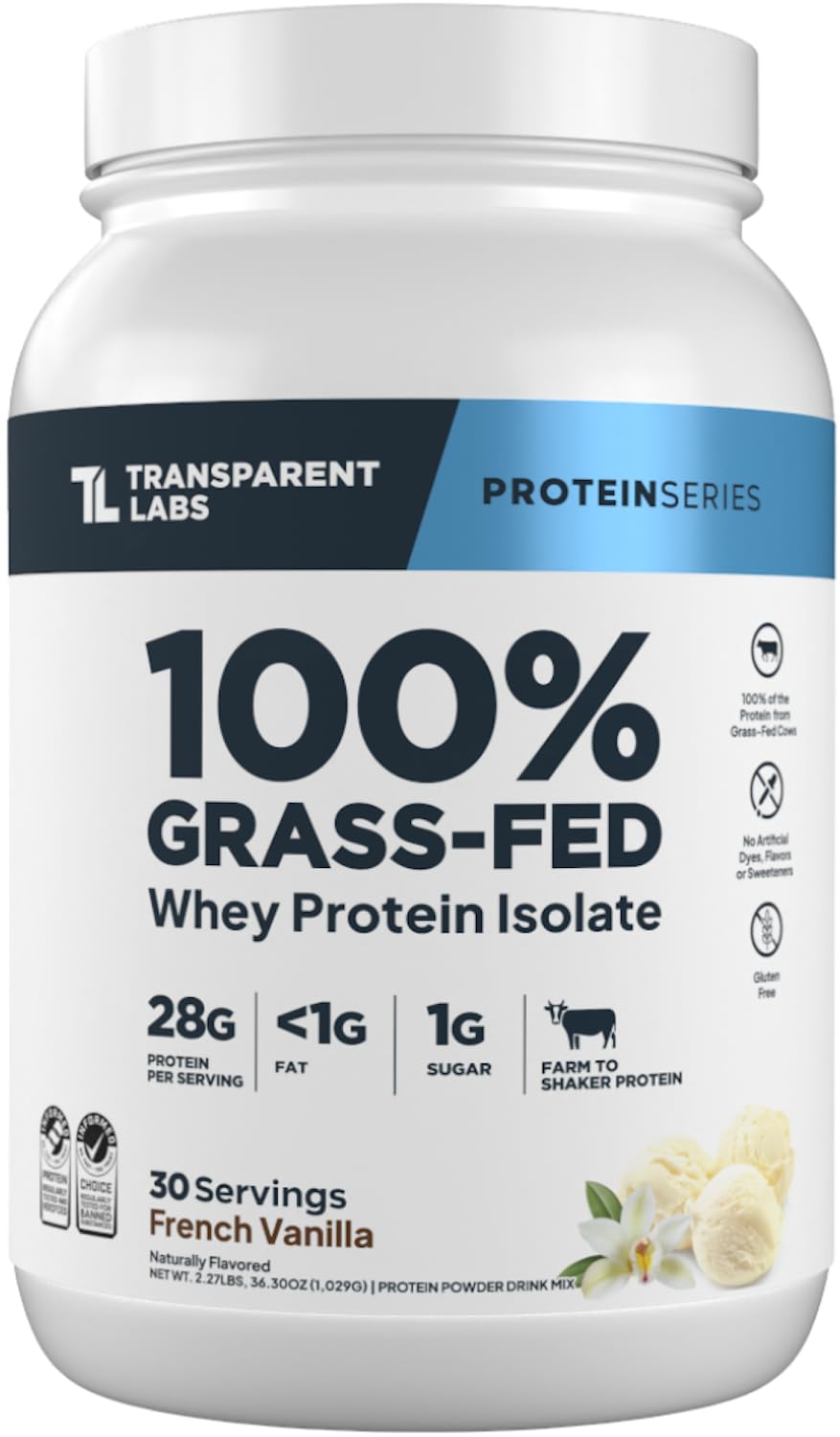 Transparent Labs Grass-Fed Whey Protein Isolate Powder - French Vanilla, Naturally Flavored, Gluten Free, 30 Servings