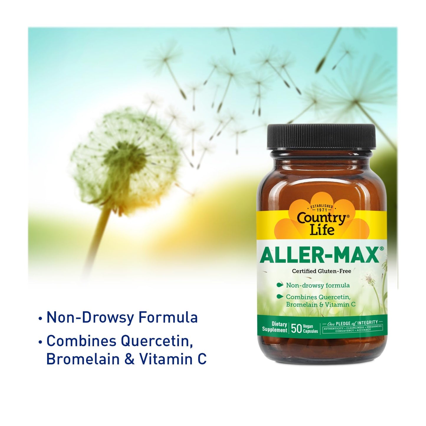 Country Life Aller-Max Quercetin with Bromelain - Immune Support with Vitamin C, Zinc, and Botanical Blend, Gluten-Free, Vegan, 50 Capsules