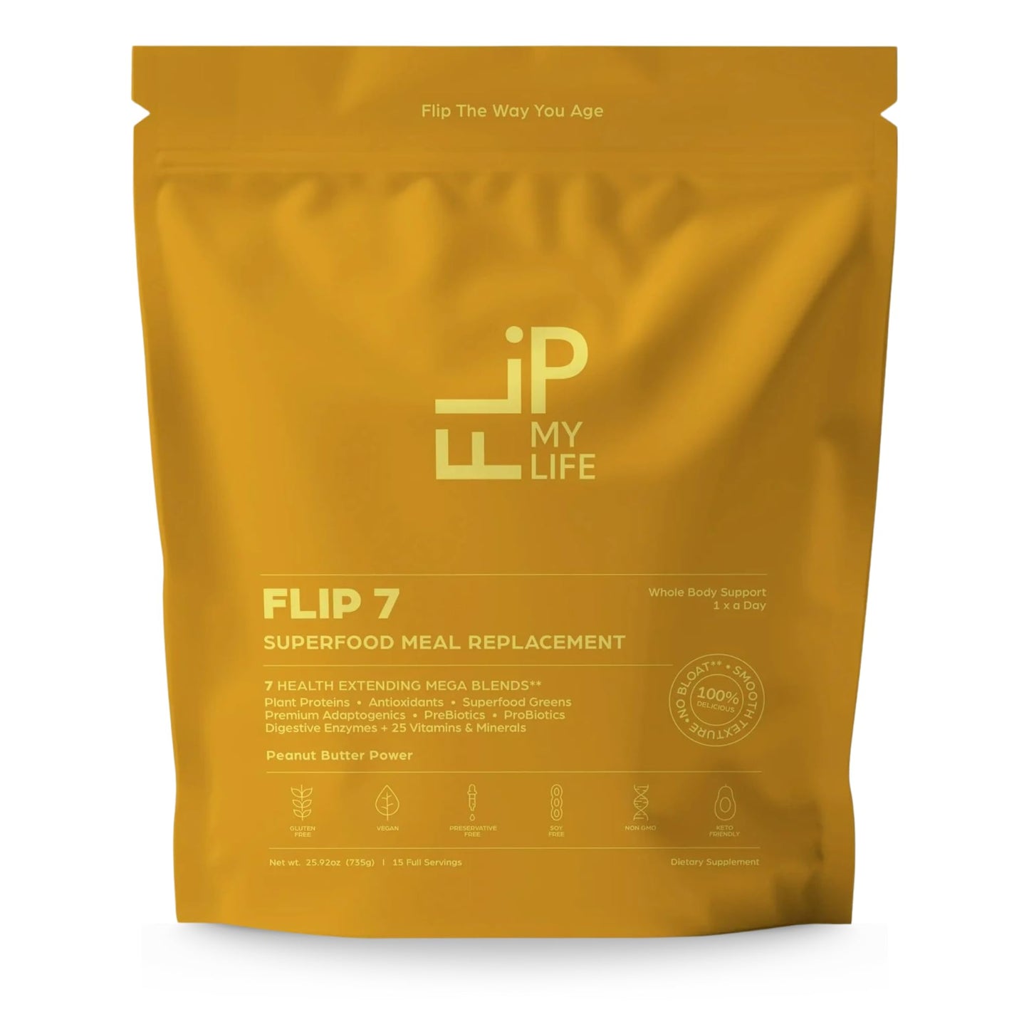 Flip My Life Flip 7 Natural SuperFood Plant-Based Protein Powder Complete Meal Replacement, Peanut Butter, 25.92 oz