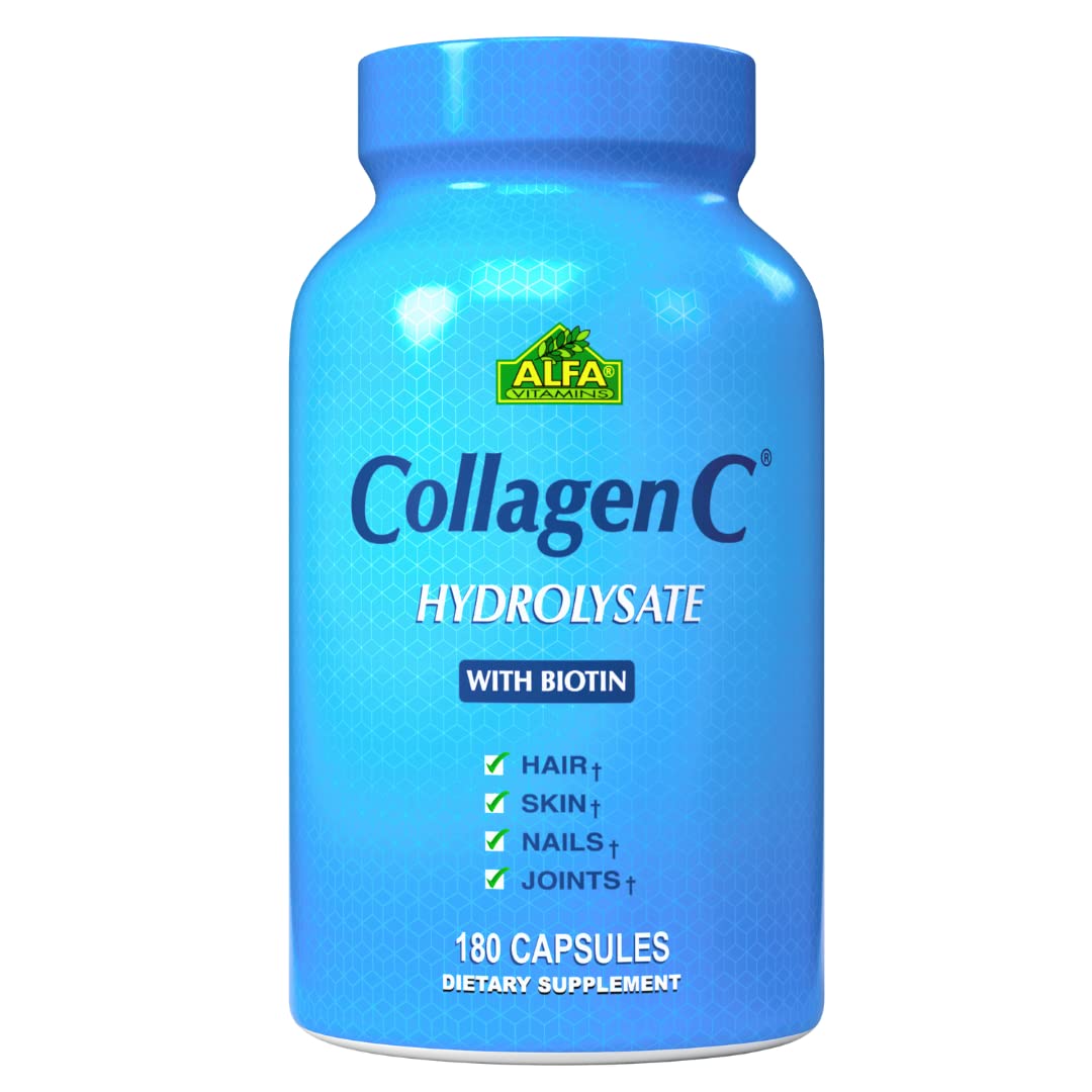 ALFA VITAMINS CollagenC Collagen Hydrolysate with Biotin - Anti-Aging Nutritional Supplement for Skin, Nails & Hair Rejuvenation - Supports Bone & Muscle - Made in USA, 180 Capsules