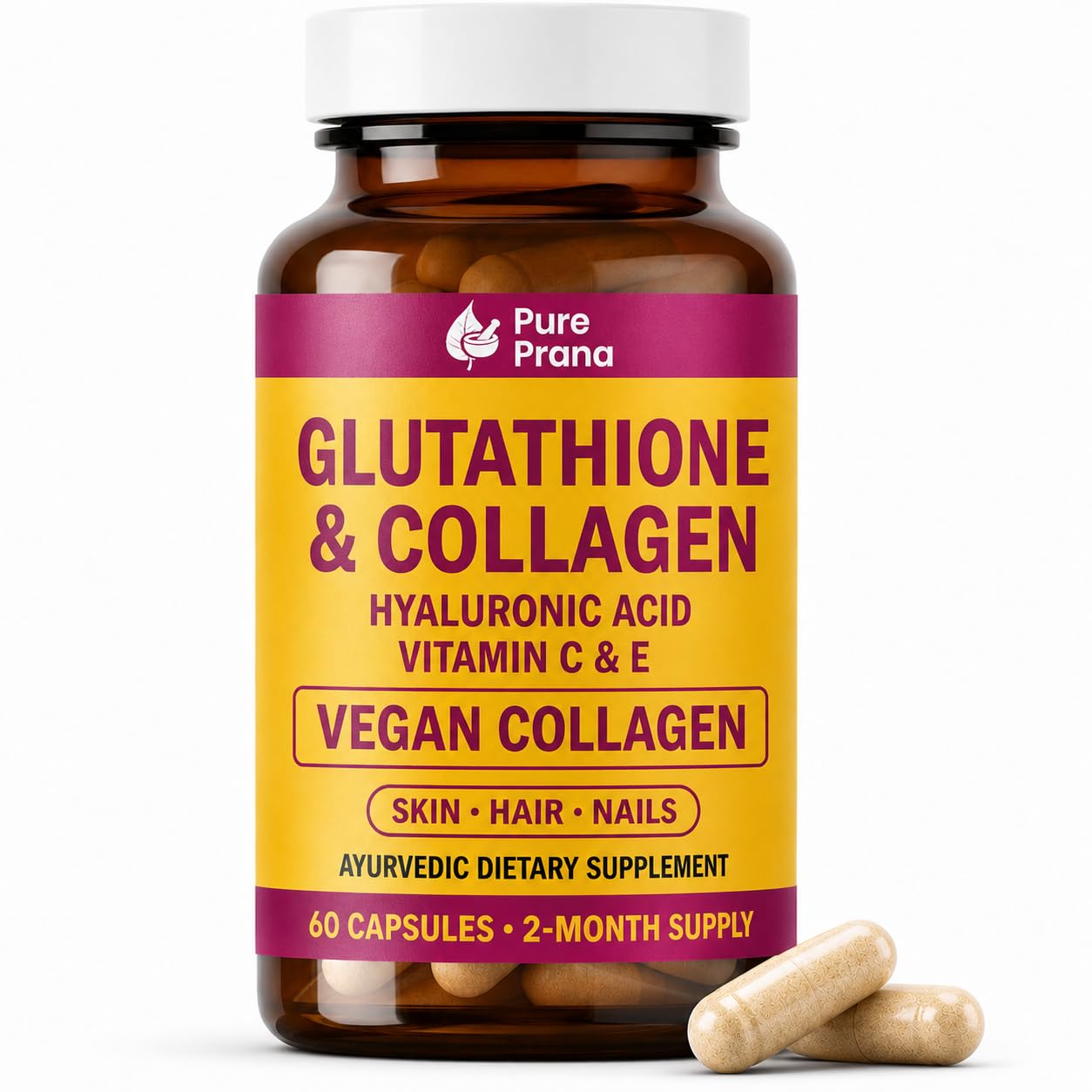 Pure Prana Vegan Collagen Builder & Glutathione for Women, Skin Hair Nails Capsules, 60 Capsules