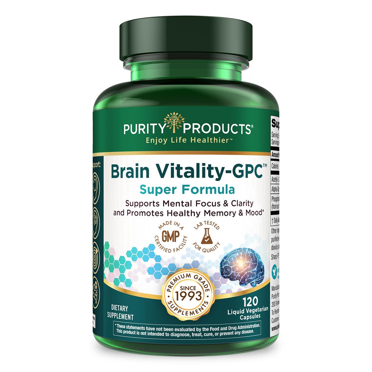 Purity Products Brain Vitality-GPC Super Formula Acetyl-L-Carnitine HCI + Alpha GPC + Phosphatidylserine - Supports Normal Concentration and Mental Clarity, 120 Capsules