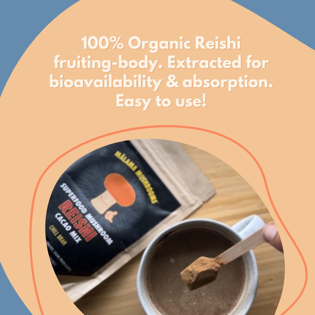 MALAMA MUSHROOMS Organic Mushroom Hot Cacao Mix Reishi Mushroom Powder 3.5 oz