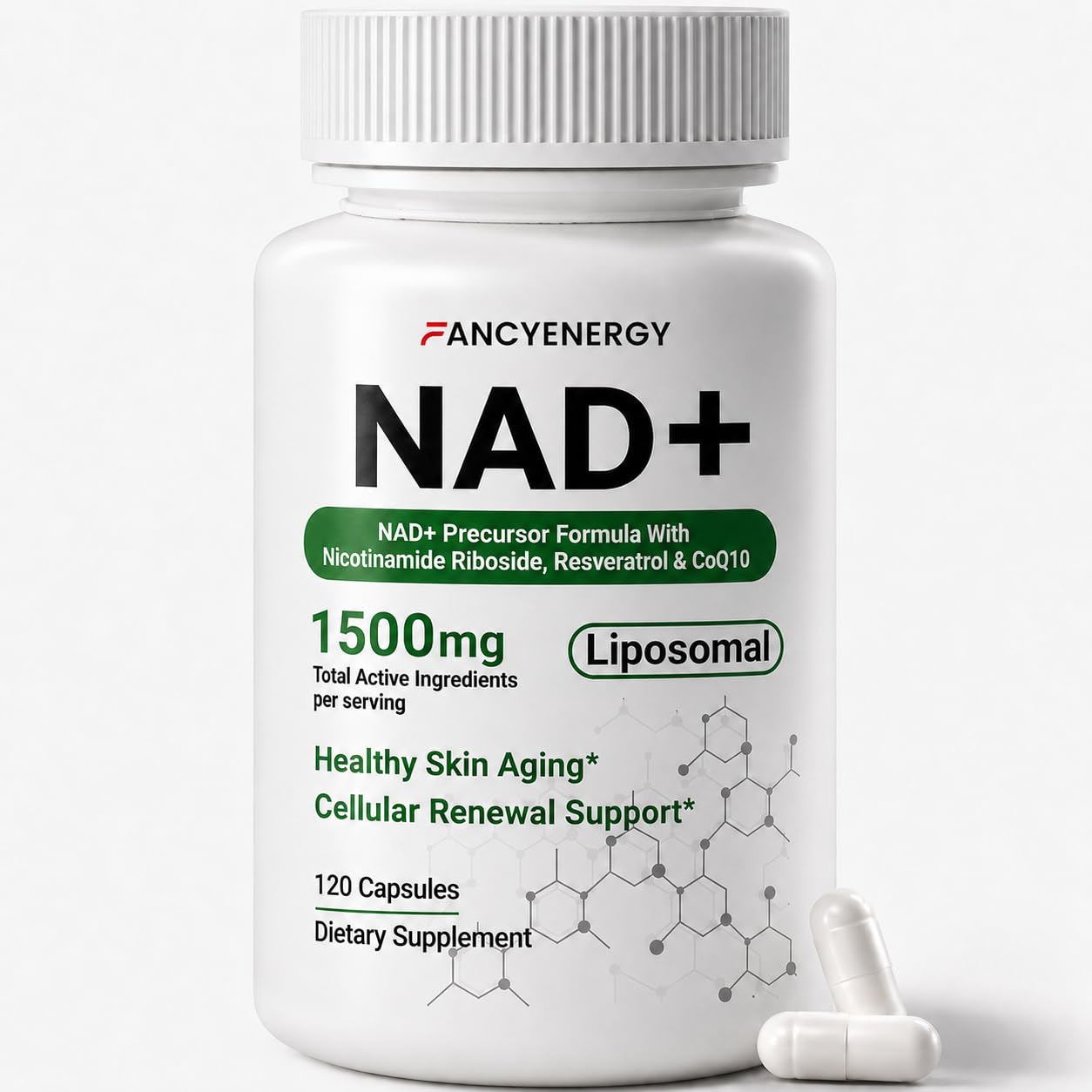 FANCYENERGY NAD+ Supplement Liposomal NAD Nicotinamide Riboside Resveratrol 1500 mg - Anti-Aging & Brain Health, Improve Energy - Specifically for Women and Men, 120 Capsules