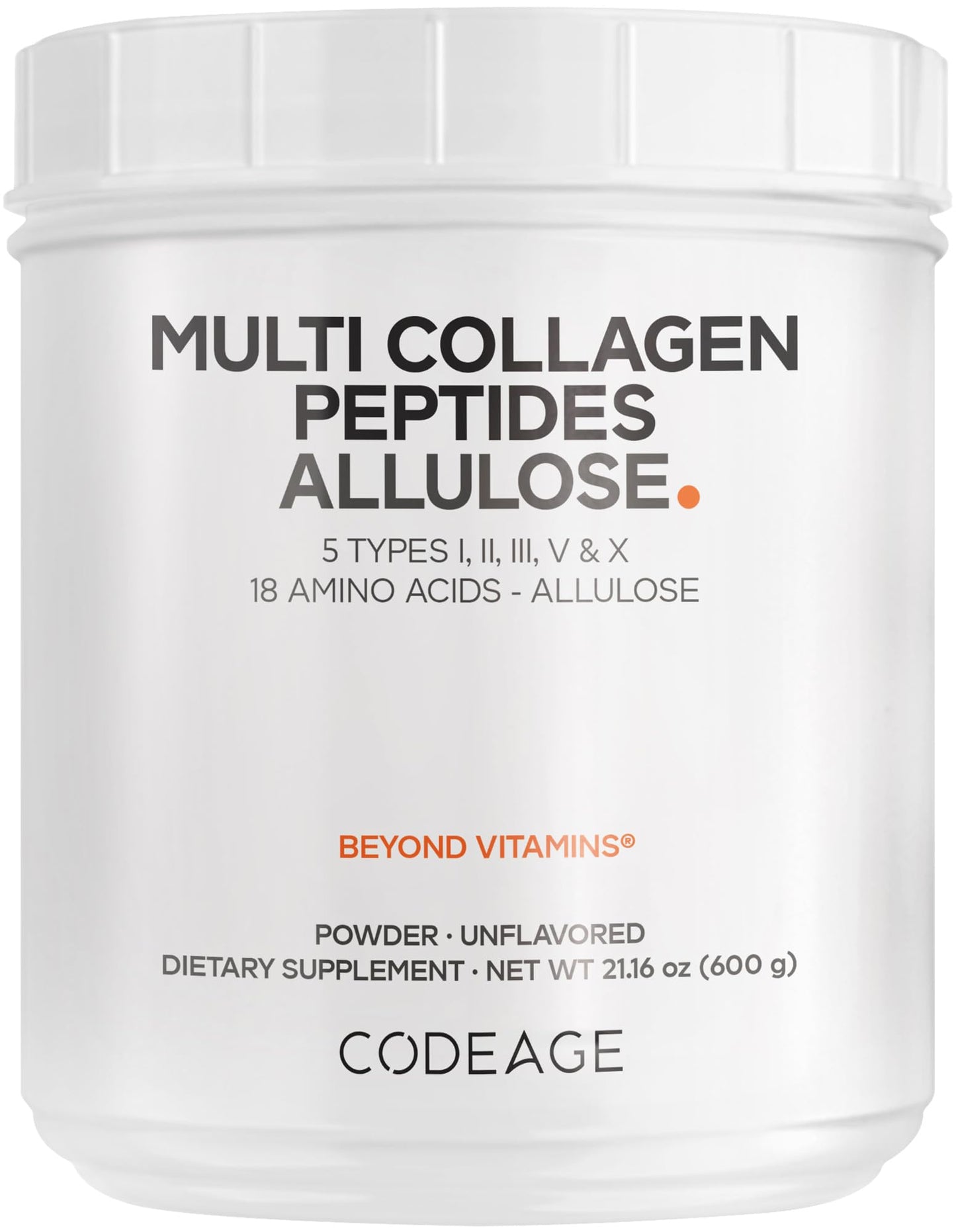 Codeage Multi Collagen Peptides Powder + Allulose - 5 Types - Grass-Fed Collagen - Rare Sugar Allulose Supplement - 0 Calorie Sweetener & 0 Carbs - 18 Amino Acids - Unflavored - Non-GMO, 30 Servings
