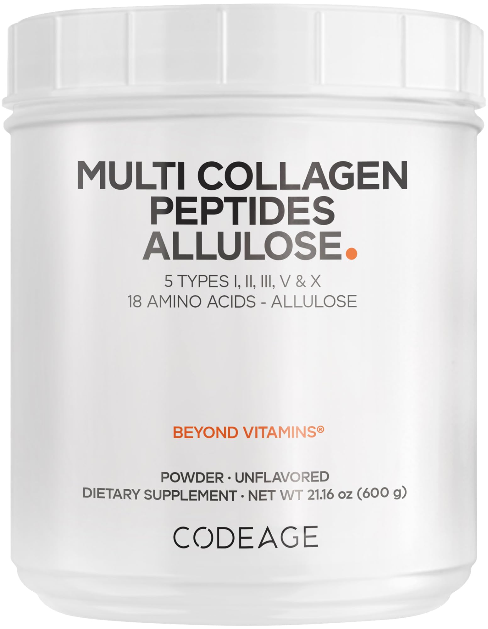 Codeage Multi Collagen Peptides Powder + Allulose - 5 Types - Grass-Fed Collagen - Rare Sugar Allulose Supplement - 0 Calorie Sweetener & 0 Carbs - 18 Amino Acids - Unflavored - Non-GMO, 30 Servings