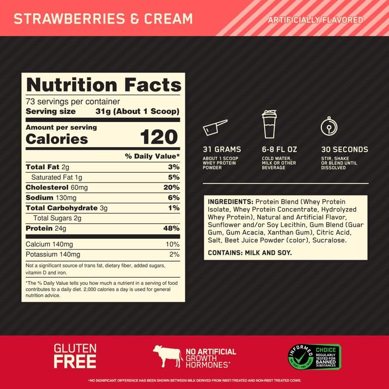 Optimum Nutrition Gold Standard 100% Whey Protein Powder, Strawberries & Cream, 5 Pound, 80 Servings