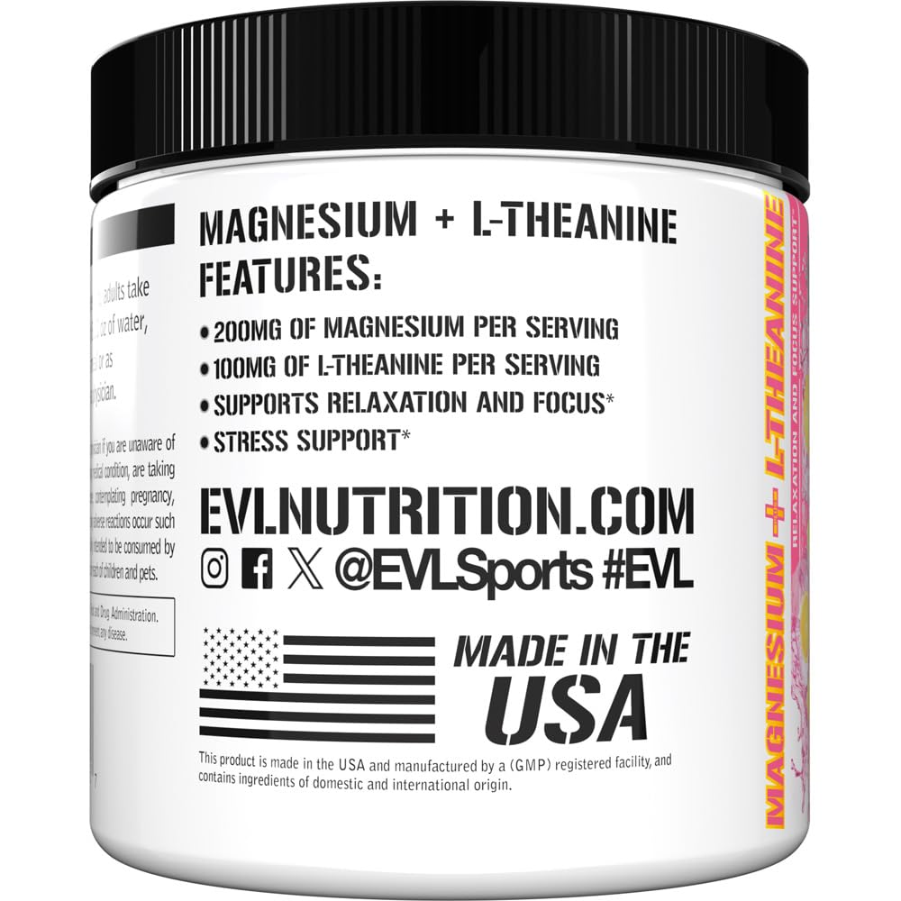 Evlution Magnesium + L-Theanine - Natural Relaxation & Focus Support - 200mg Magnesium + 100mg L-Theanine - Vegan & Non-GMO Powder 3.17 Ounce