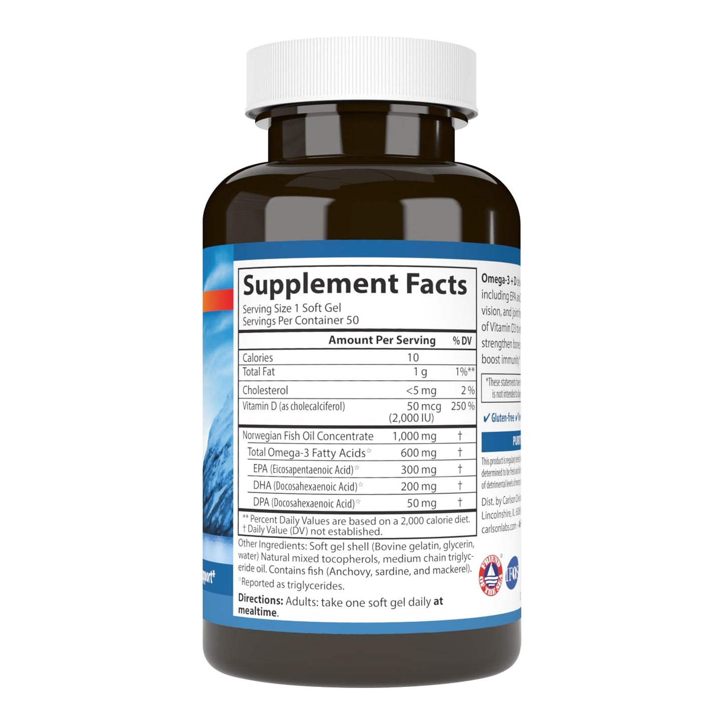 Carlson Omega-3 + D 600 mg Omega-3s with EPA & DHA + 2,000 IU Vitamin D3 Softgels, 50 Count