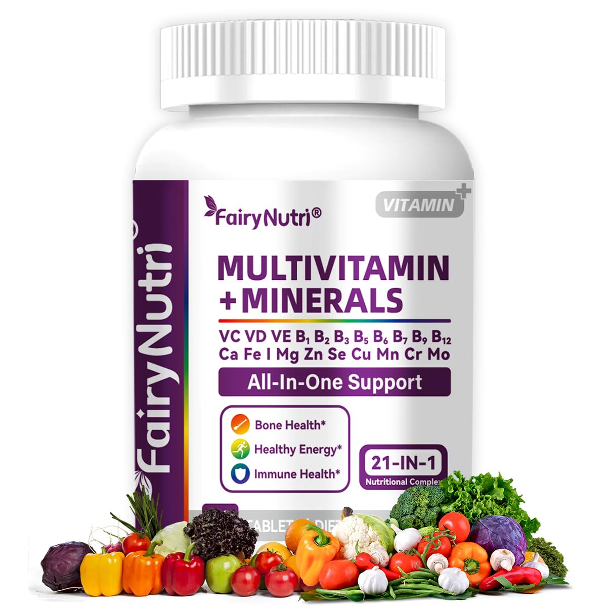 Fairynutri Multivitamin + Minerals, 21-in-1 Nutritional Complex All-in-One Support, 90 Tablets