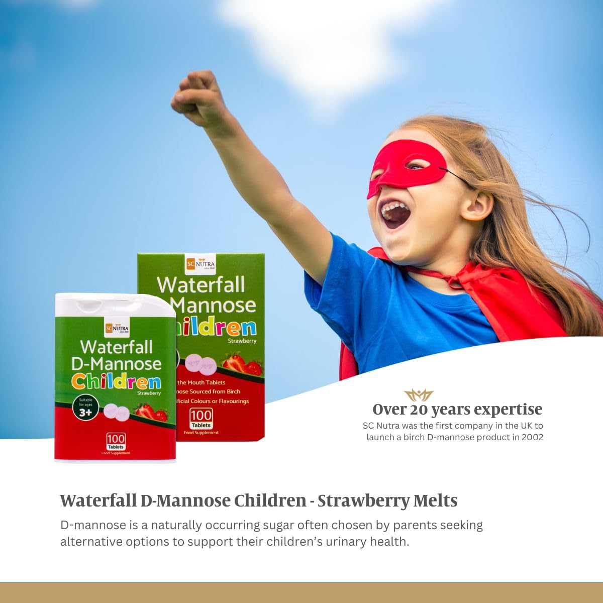 sc nutra Waterfall D-Mannose Children Melt-in-the-Mouth Tablets with a hint of Strawberry, 100 Count