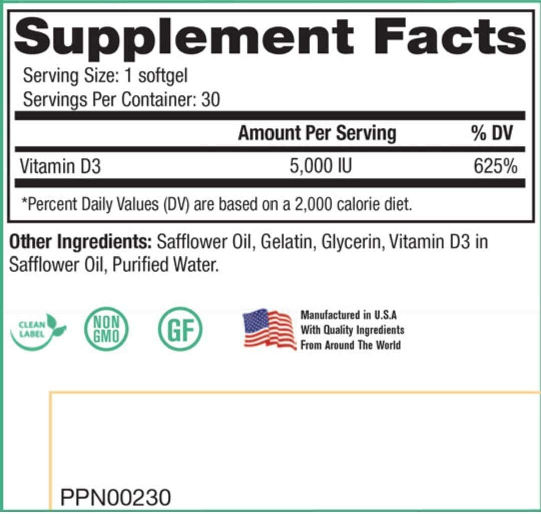 Peak Pure & Natural Peak D3 - Calciferol Vitamin D3 5,000 IU, 30 Capsules