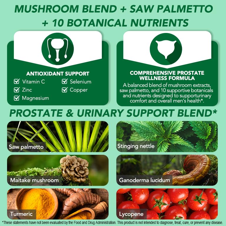 FRDUGA Saw Palmetto Prostate Supplement for Men 2000mg – Advanced 45% Fatty Acids Formula with Reishi & Maitake, Stinging Nettle, Zinc Selenium Magnesium Vitamin C Lycopene – Urinary Support – 90 Capsules