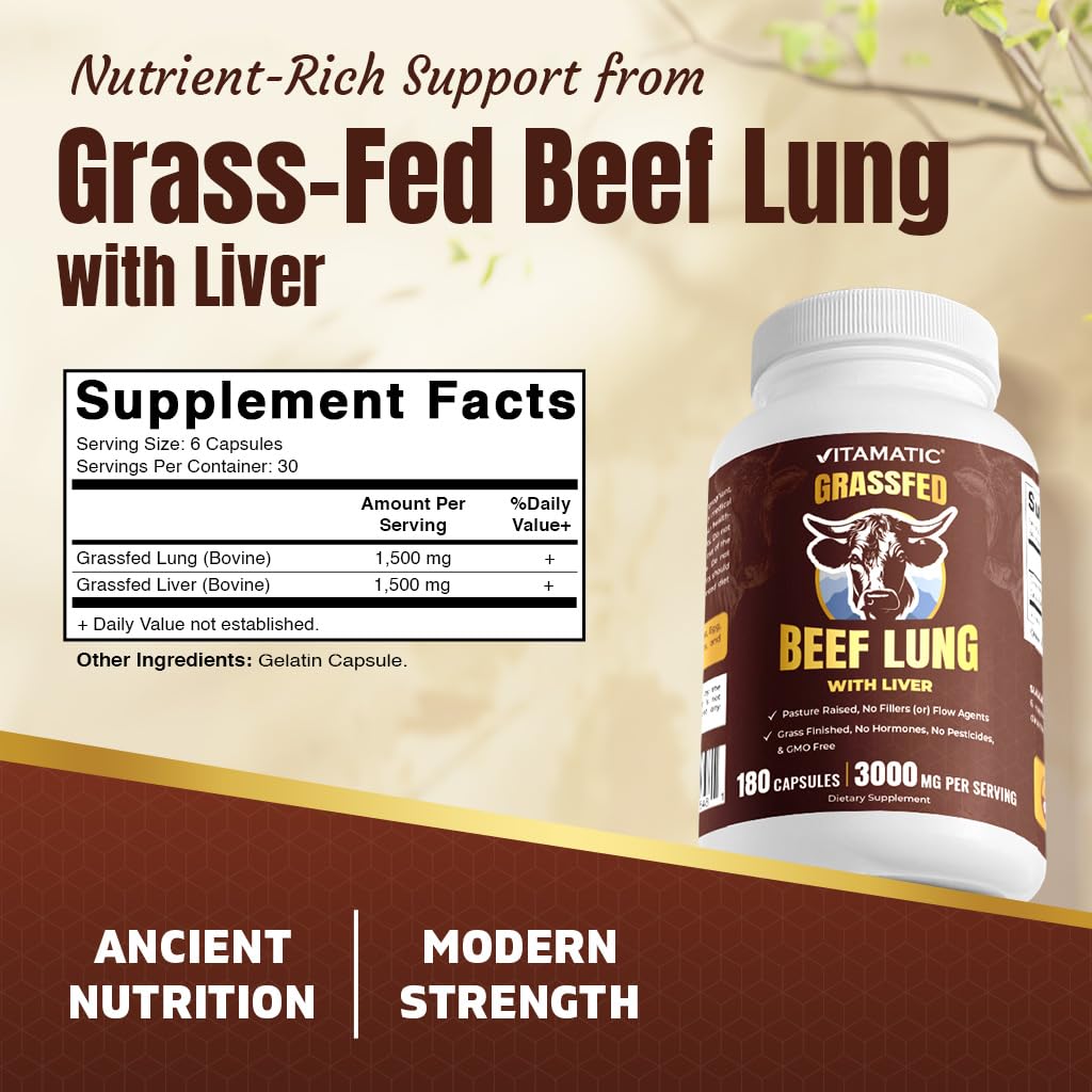 Vitamatic Grass-Fed Beef Lung with Liver Capsules, 180 Count