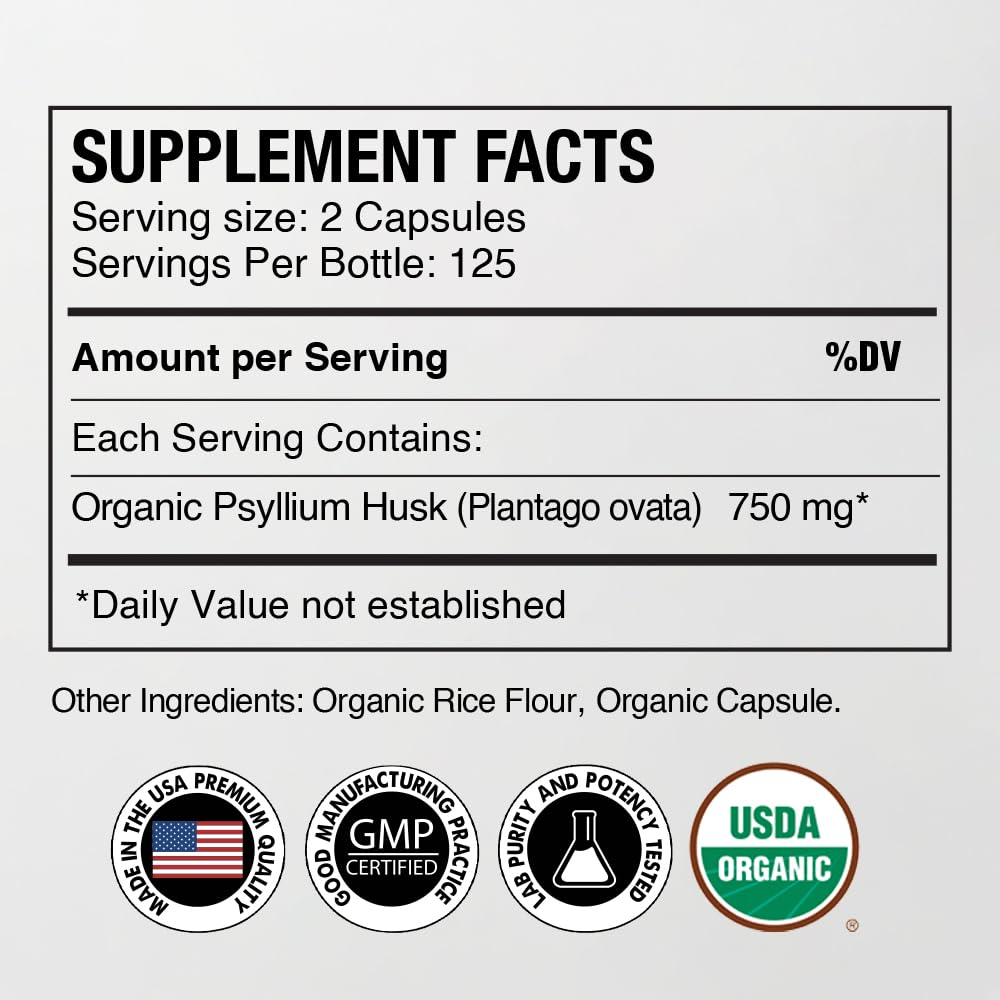 Z Zealthy Life Organic Psyllium Husk 750 mg Capsules, Natural Fiber Gut Health Supplement, 250 Count