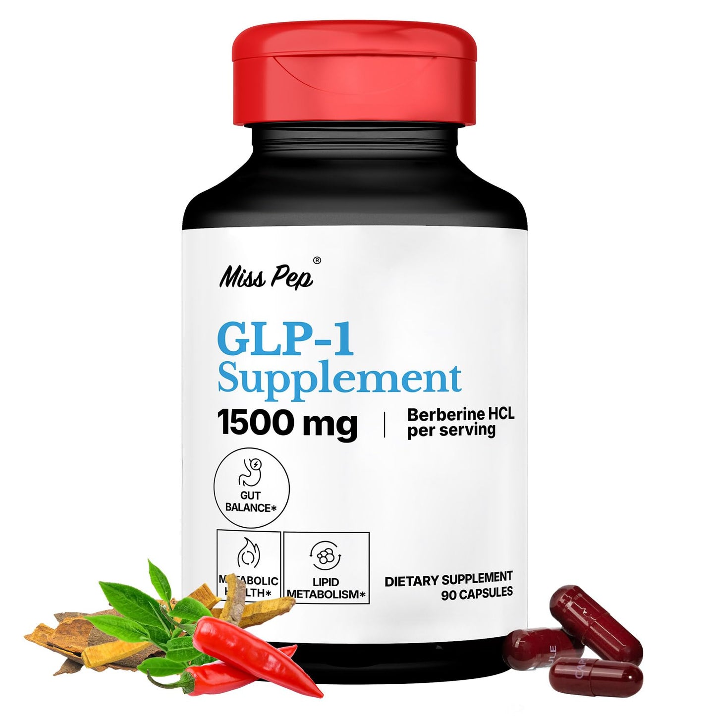 MISS PEP GLP-1 Supplement – High Potency Berberine HCl 1500mg with Ceylon Cinnamon, Green Tea & Cayenne Extract – Appetite Control, Gut Balance & Metabolism, 90 Capsules