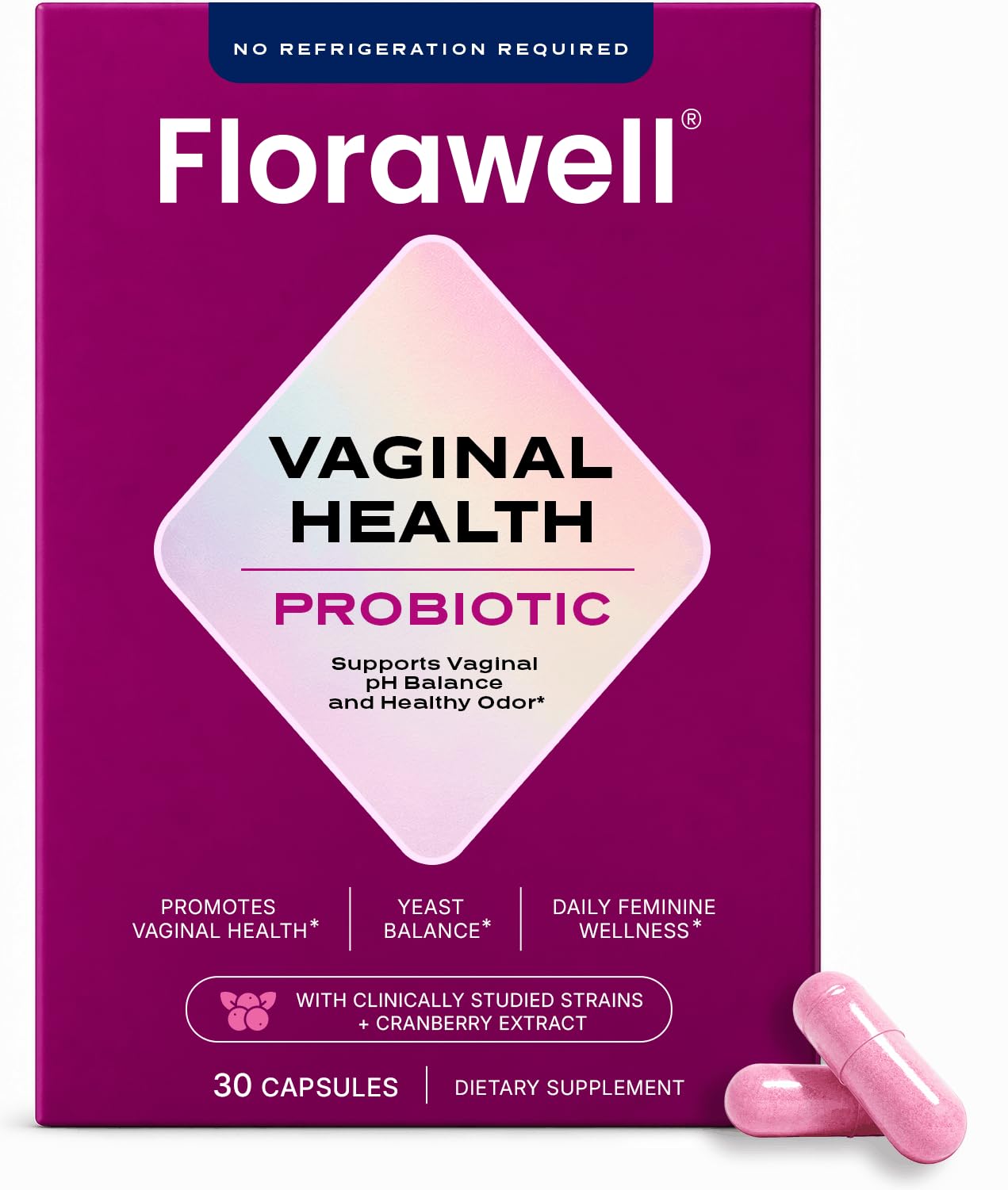 Florawell Vaginal Probiotics for Women – pH Balance, Healthy Odor, UT & Intimate Health - Vaginal Health Supplement with Cranberry Extract 30 Capsules
