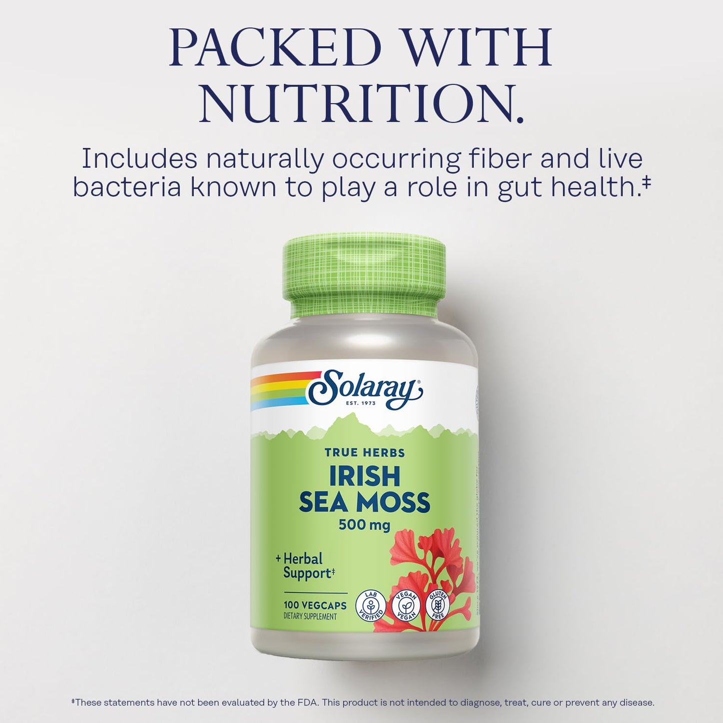 SOLARAY Irish Sea Moss 500 mg Naturally Occurring Vitamins, Minerals, and Fiber Herbal Support for Gut Health and More Capsules 100
