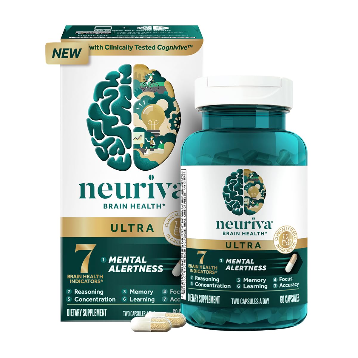 NEURIVA Ultra Brain Supplements for Memory and Focus Capsules, 60 Count