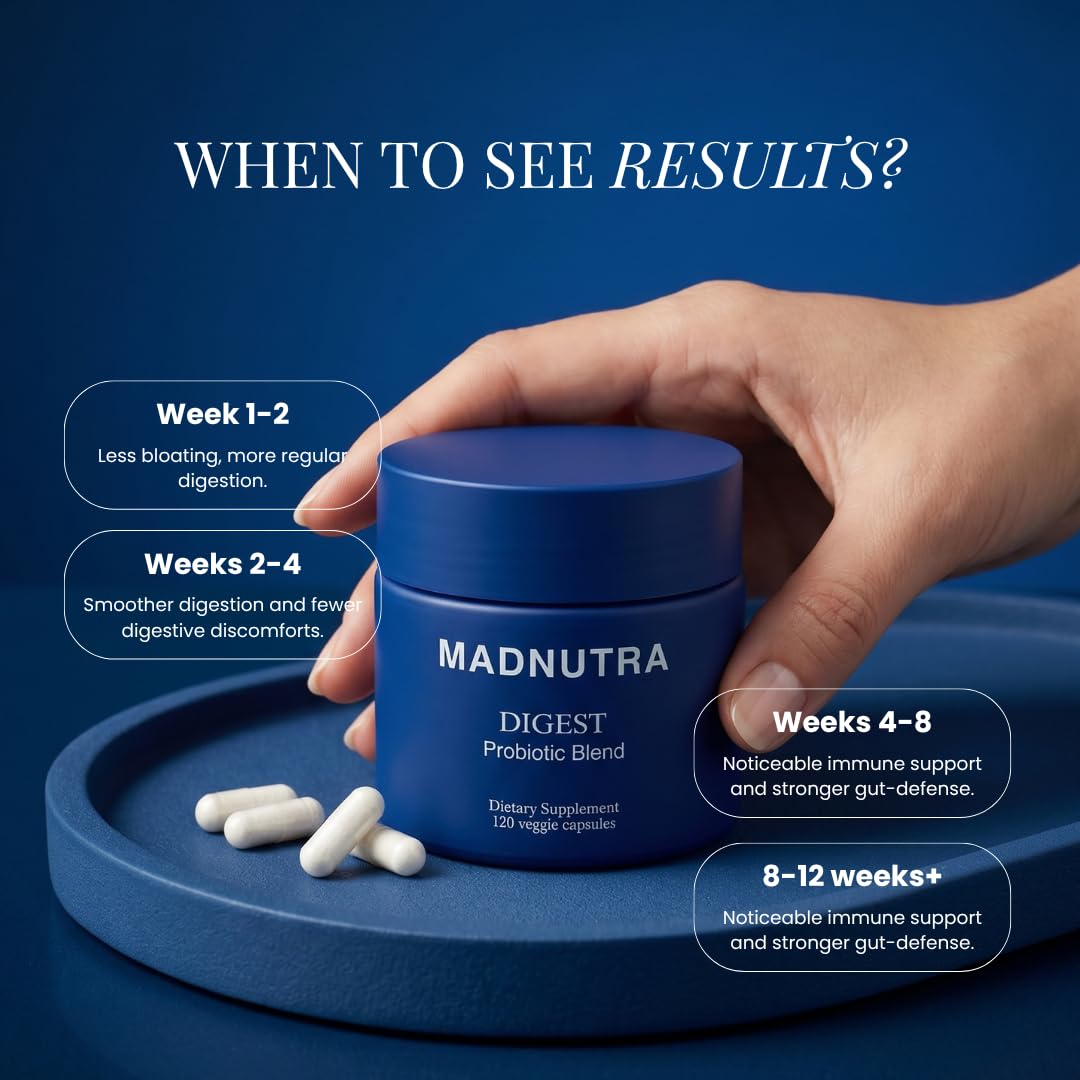 MadNutra Probiotic for Digestive Health - Bloating Relief Daily Probiotics for Women and Men 750 Million CFU 10 Strains - Enteric Coated Vegan Capsules for Gut Health & Immune Support, 120 Capsules