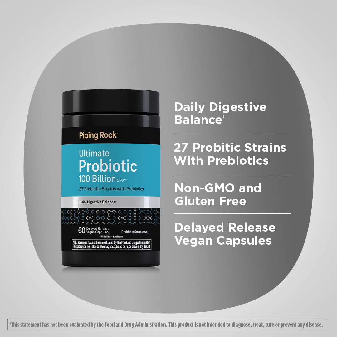 Piping Rock Ultimate Probiotic 100 Billion CFU | 27 Probiotic and Prebiotic Strains for Digestive Balance 60 Capsules
