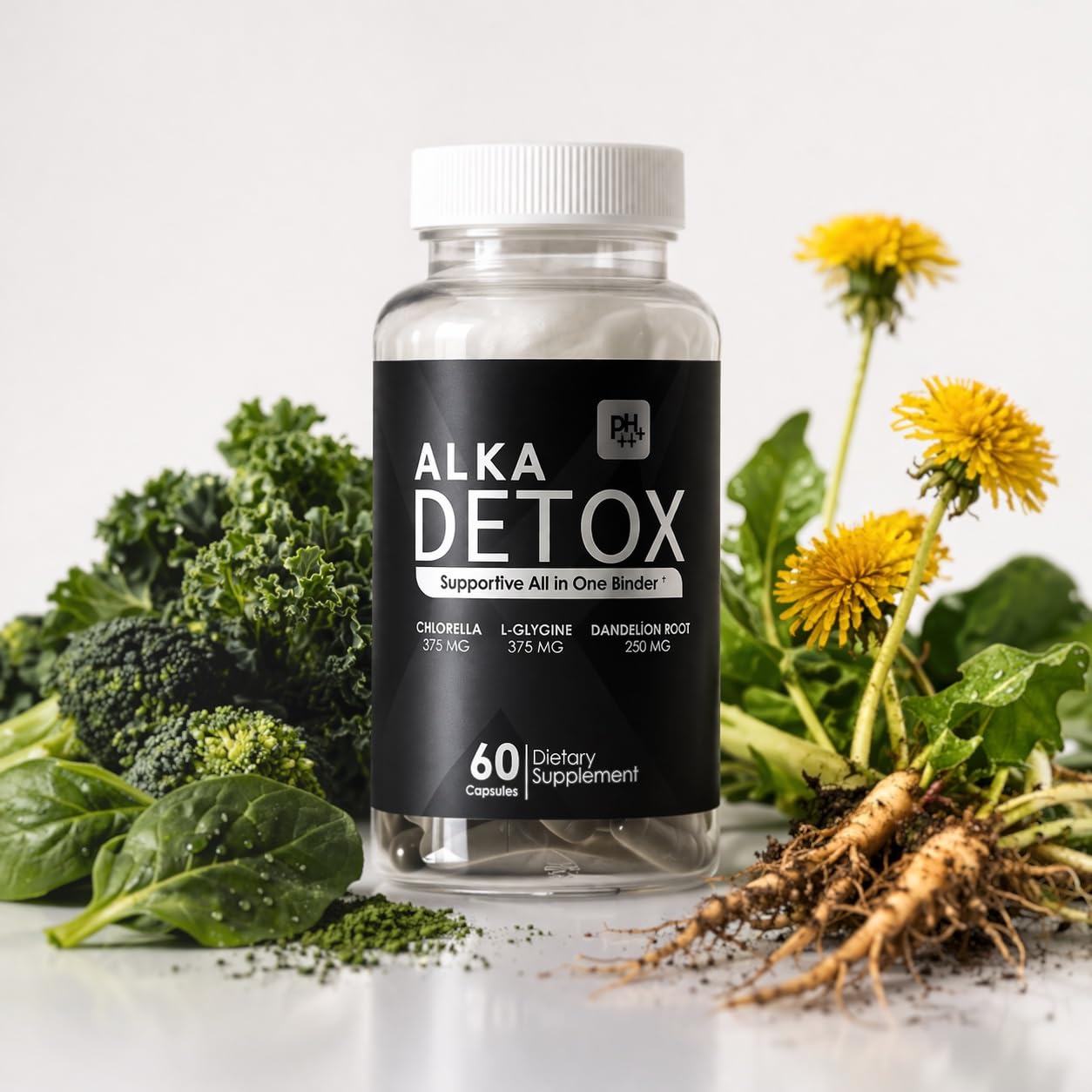 AlkaDetox Binder Capsule with Fiber, Chlorella/Chlorophyll, Liver & Gut Detox Cleanse, Colon and Toxin Flush, 60 Capsules