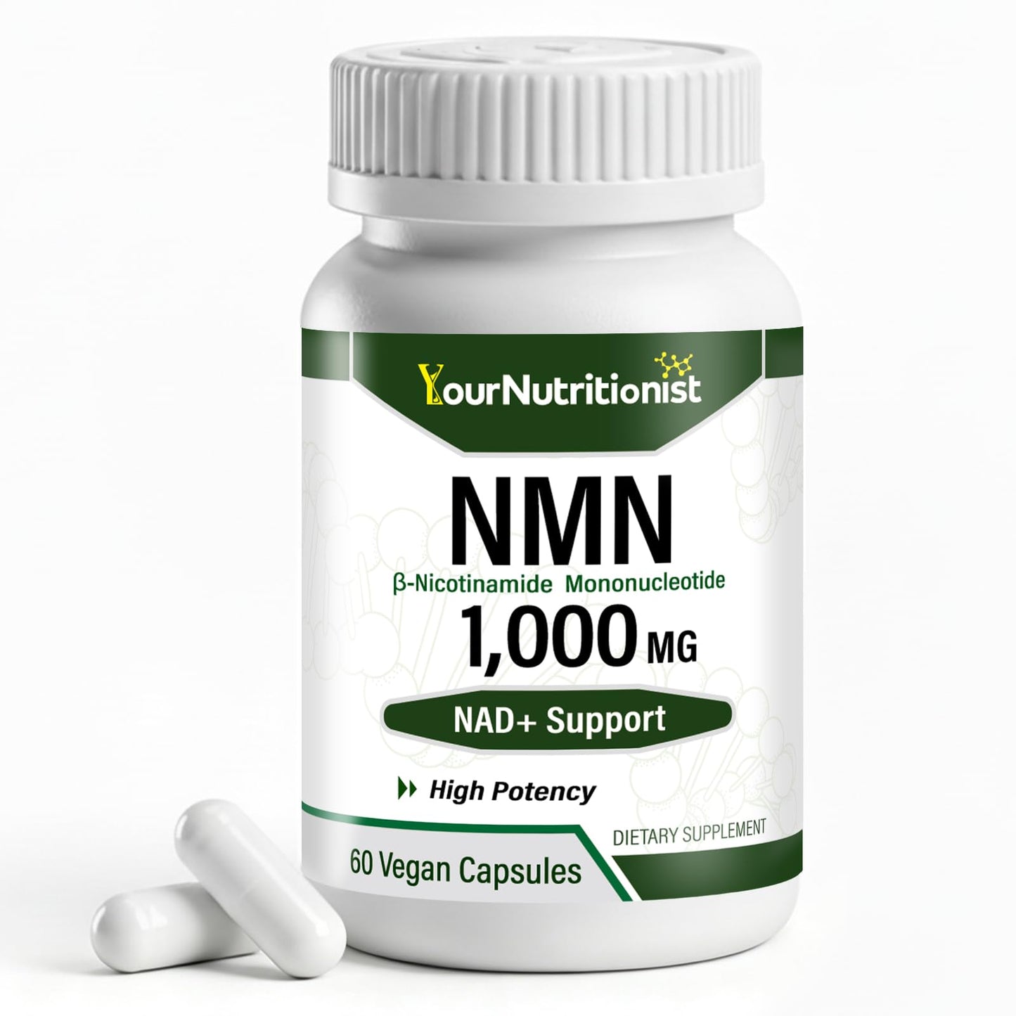 Your Nutritionist NMN Supplement 1000mg Per Serving, 99.9% Pure NAD+ Precursor Capsules, 60 Count