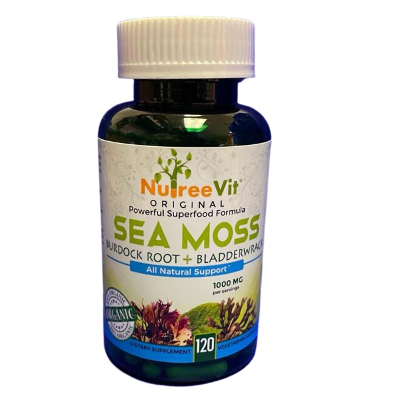 NutreeVit 100% Organic Sea Moss + Bladderwrack + Burdock Advanced Superfood Formula Capsules, 120 Count
