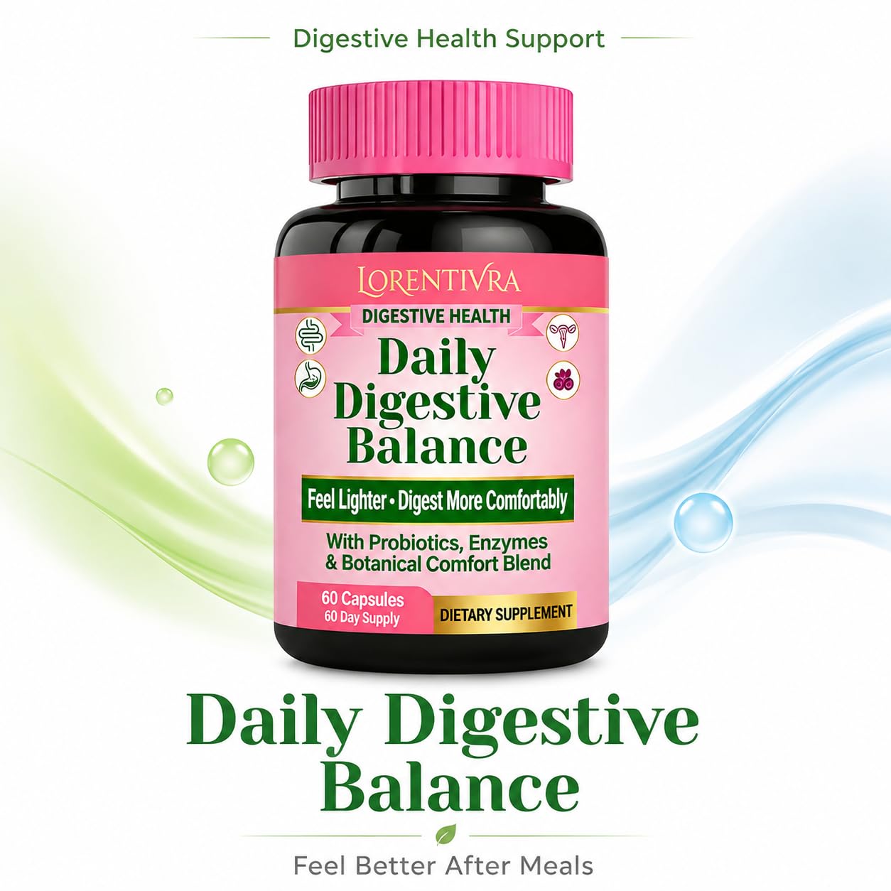 Lorentivra Daily Gut Health Supplement with 13 Digestive Enzymes, Prebiotics, Probiotics & Magnesium Complex Capsules, 60 Capsules