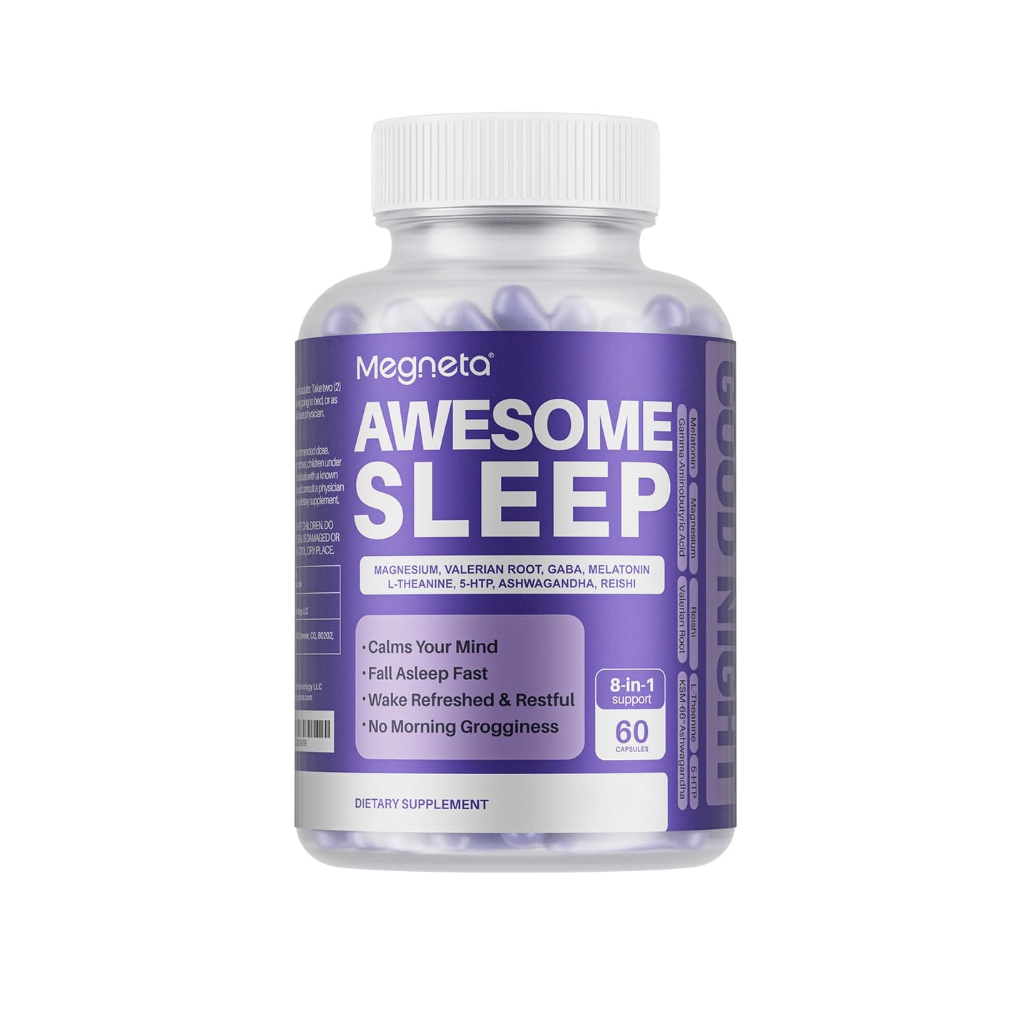 MEGNETA 8-IN-1 All-Natural Sleep Support Supplement for Adults with Ashwagandha, L-Theanine, 60 Capsules