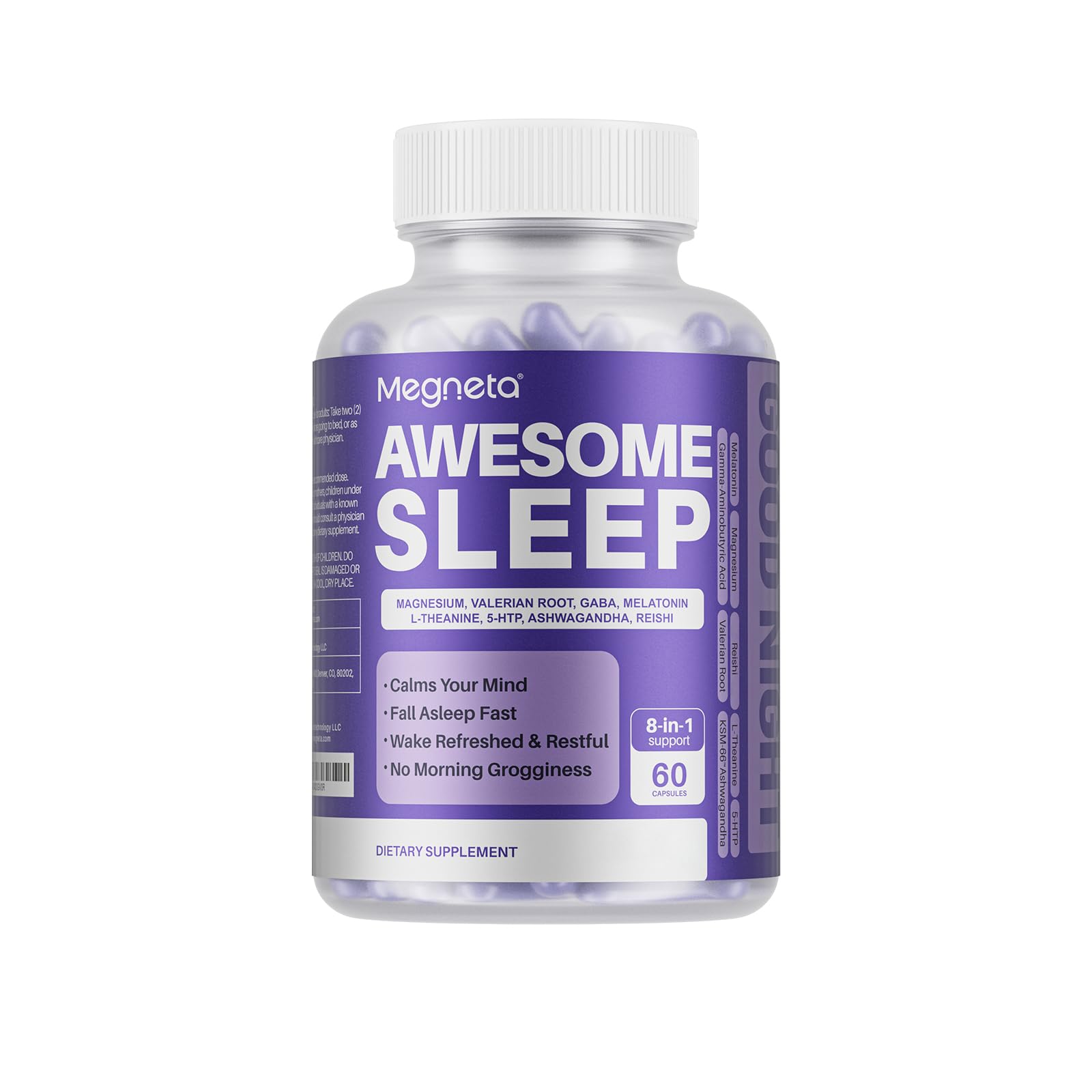 MEGNETA 8-IN-1 All-Natural Sleep Support Supplement for Adults with Ashwagandha, L-Theanine, 60 Capsules