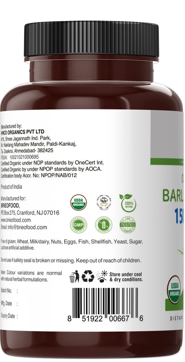 Brieofood Organic Barley Grass 1500mg Tablet, 90 Count