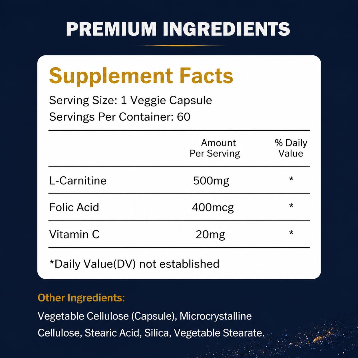 LIIFE L-Carnitine with Folic Acid (Vitamin B9) and Vitamin C, 500 mg Capsules, 60 Count
