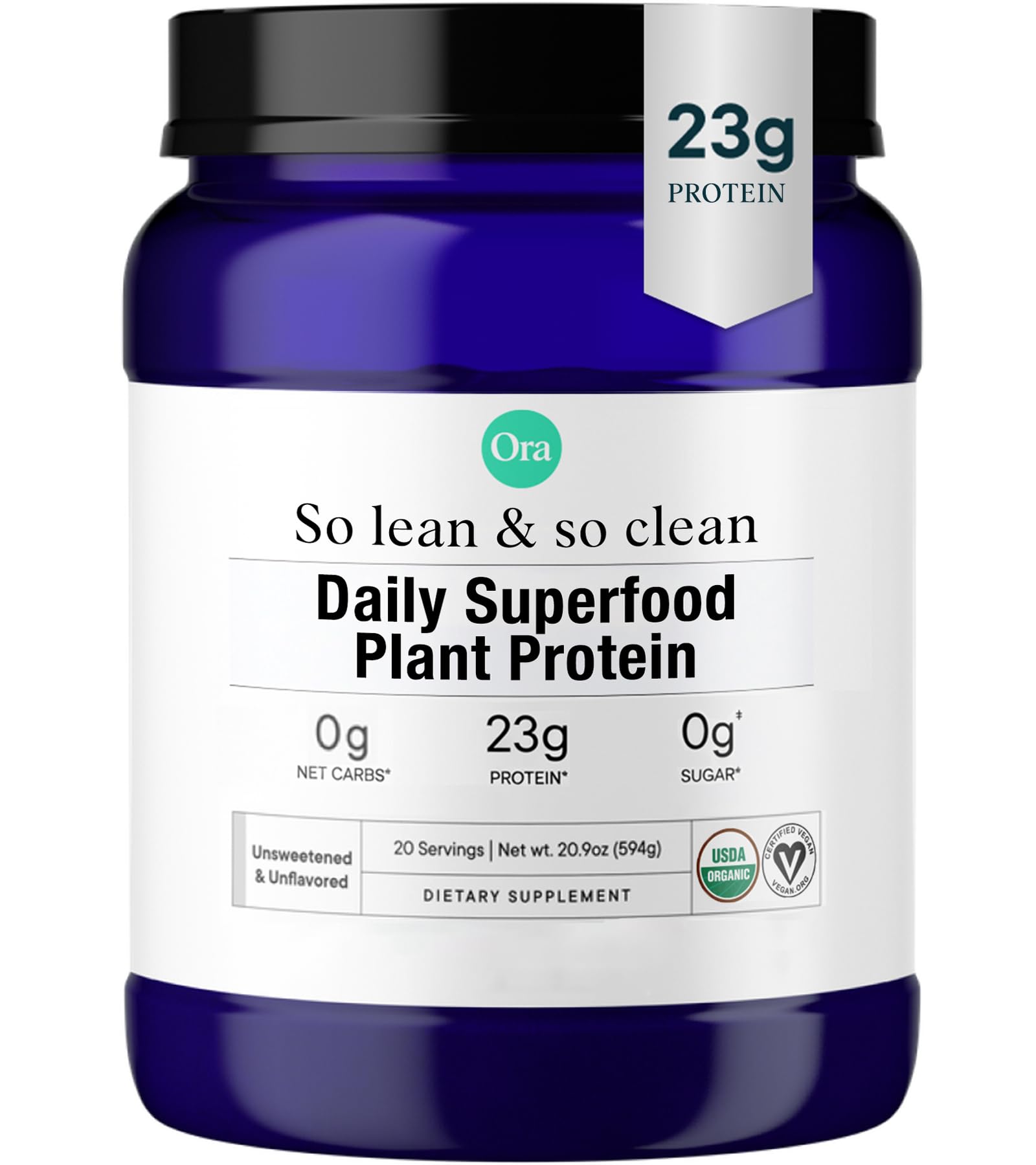 Ora Organic Vegan Protein Powder Plant Based Pea Protein Unsweetened & Unflavored, 1.31 lb