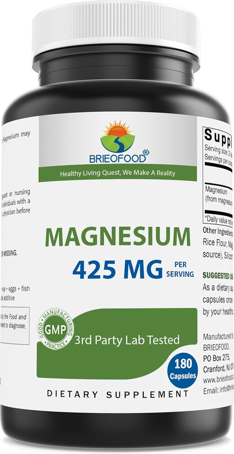 Brieofood Magnesium 425mg (Glycinate & Oxide) Capsules 180 Count