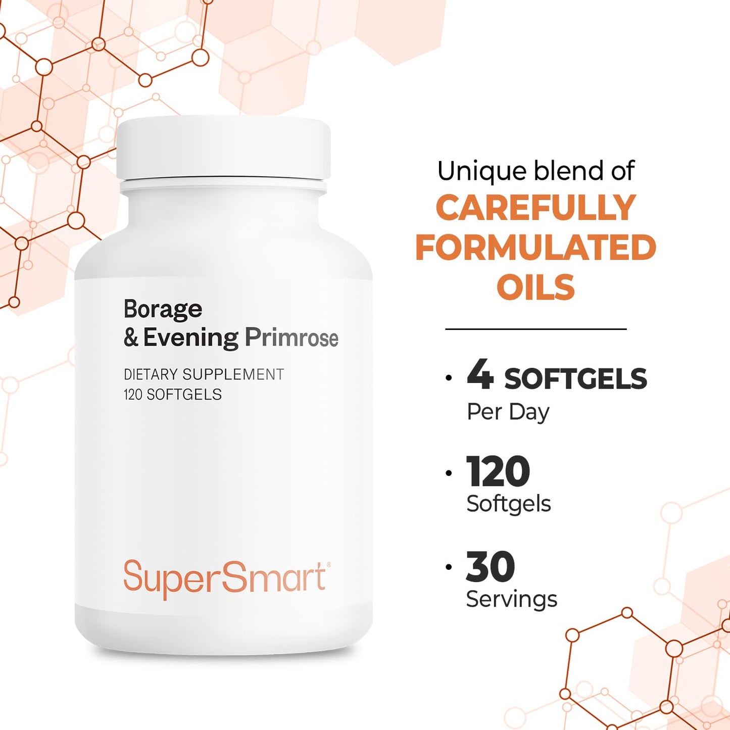 Supersmart Borage & Evening Primrose (High Potency) - GLA Oil Gamma Linolenic Acid Cold Pressed - with Vitamin E, Borage Oil & Evening Primrose Oil Supplement Softgels 120