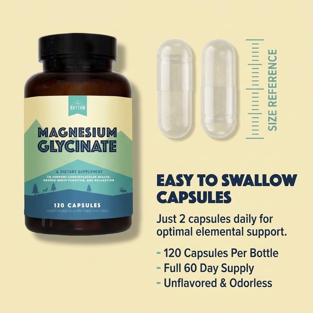 Natural Rhythm Magnesium Glycinate 150mg High Absorption Elemental Magnesium Capsules, 120 Count