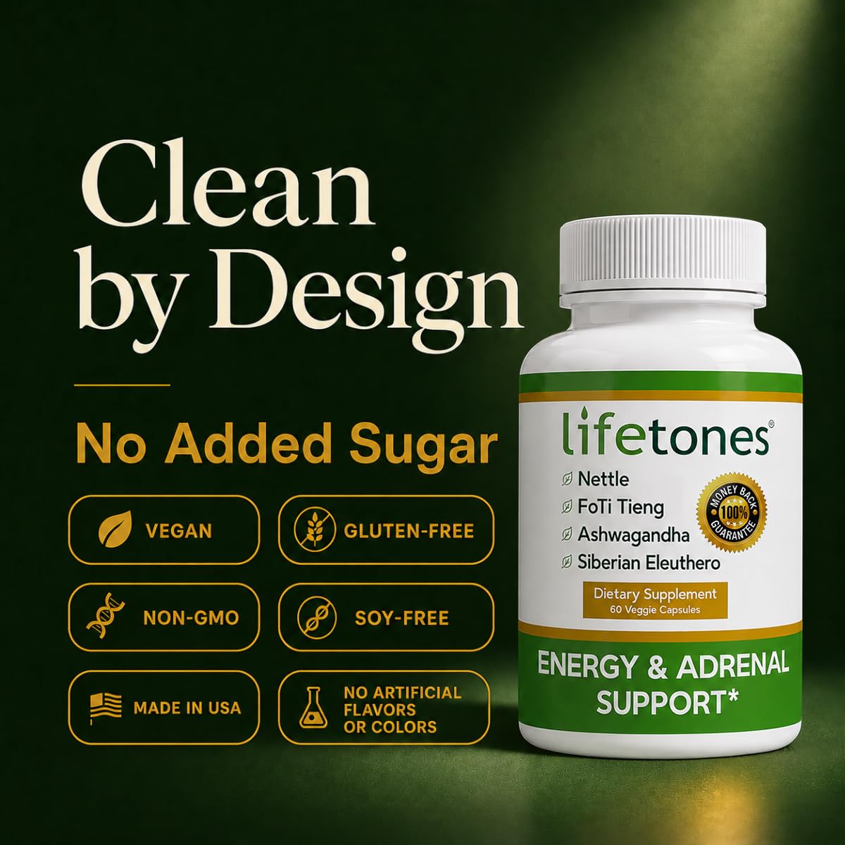 Life Tones Energy & Adrenal Support – Ashwagandha, Siberian Eleuthero, Nettle & FoTi – Herbal Adrenal & Natural Energy Supplement – Non-GMO, Sugar-Free, Caffeine-Free – 60 Vegan Capsules