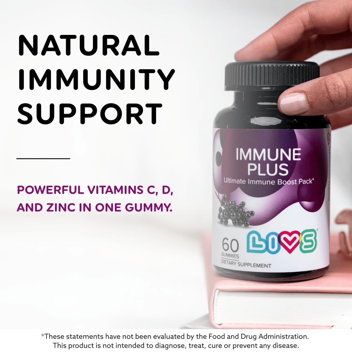 LIVS Immune Plus Gummies – Elderberry Extract with Vitamin C, D3, & Zinc, Gummy, 1 Count