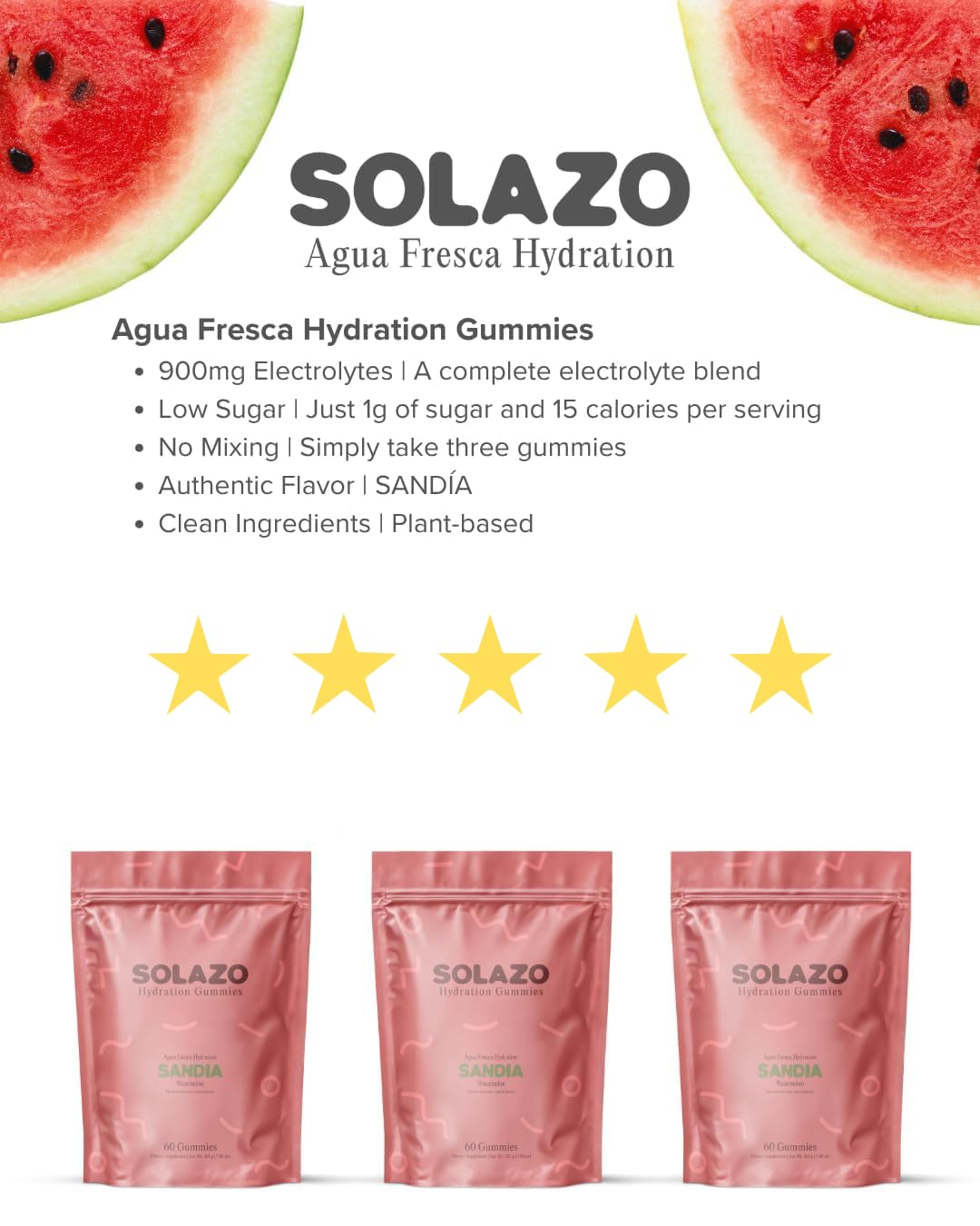 Solazo Hydration Gummies Agua Fresca Electrolyte Gummies with Potassium, Sodium, Magnesium, Calcium & Chloride, Vegan Gluten Free Non-GMO, Sandia Watermelon, 60 Count